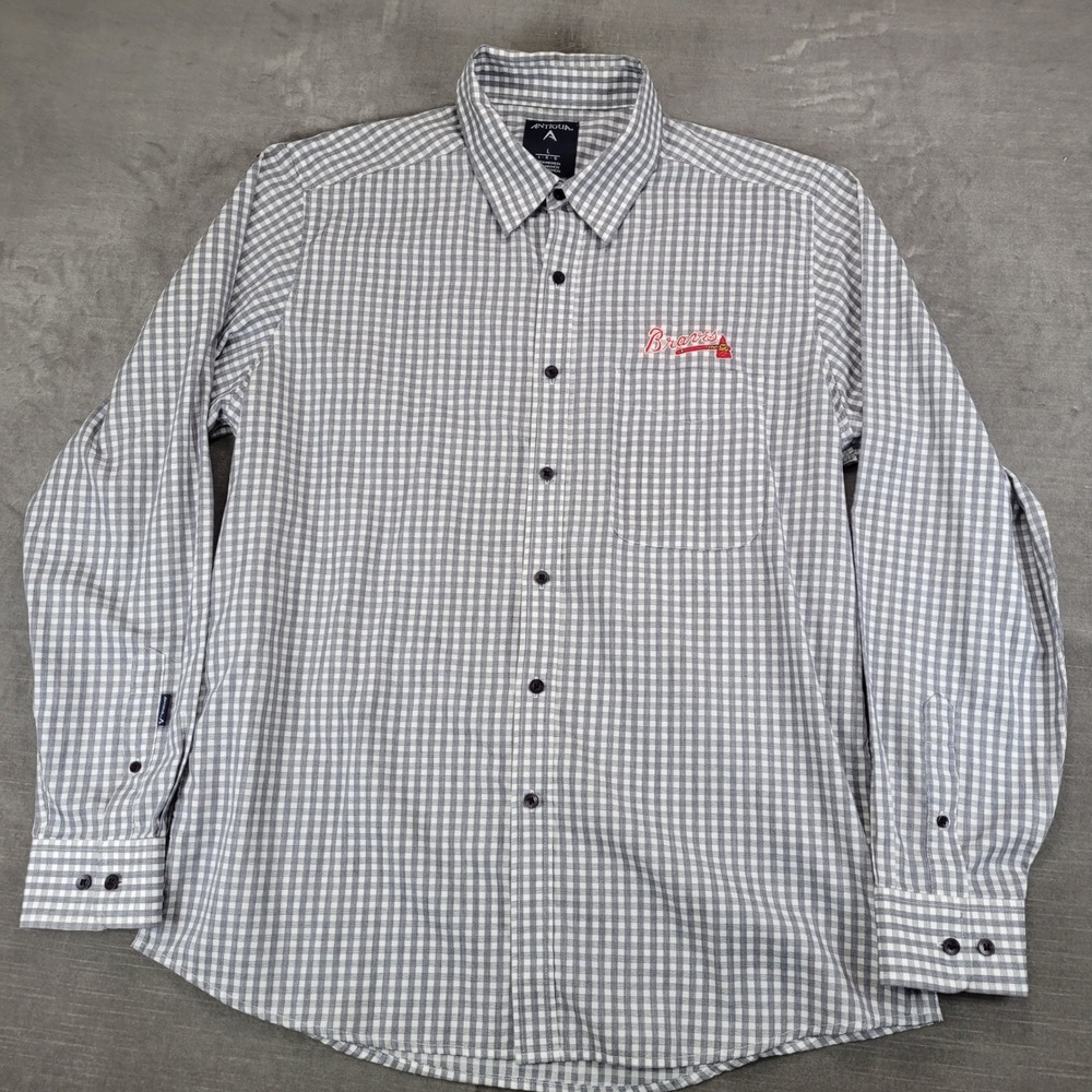 Antigua Mens Atlanta Braves MLB Gingham Button Down Shirt Grey White Large‎ L